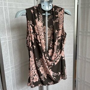 CAbi Rosewater Floral Faux Wrap Top Draped Blouse Pink Print Size M